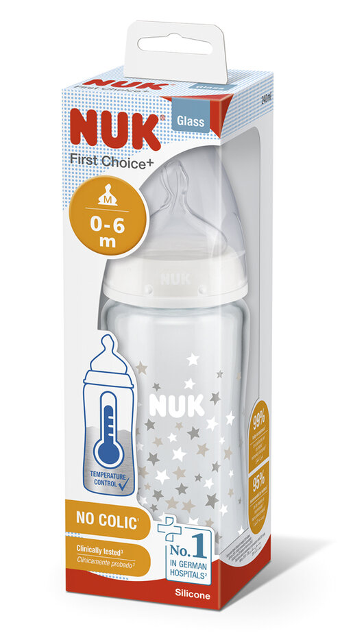 NUK FC Fľaša sklenená s kontrolou teploty 240 ml - biela