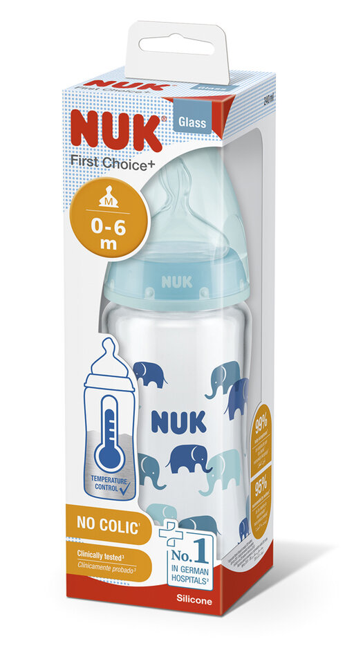 NUK FC Fľaša sklenená s kontrolou teploty 240 ml - modrá