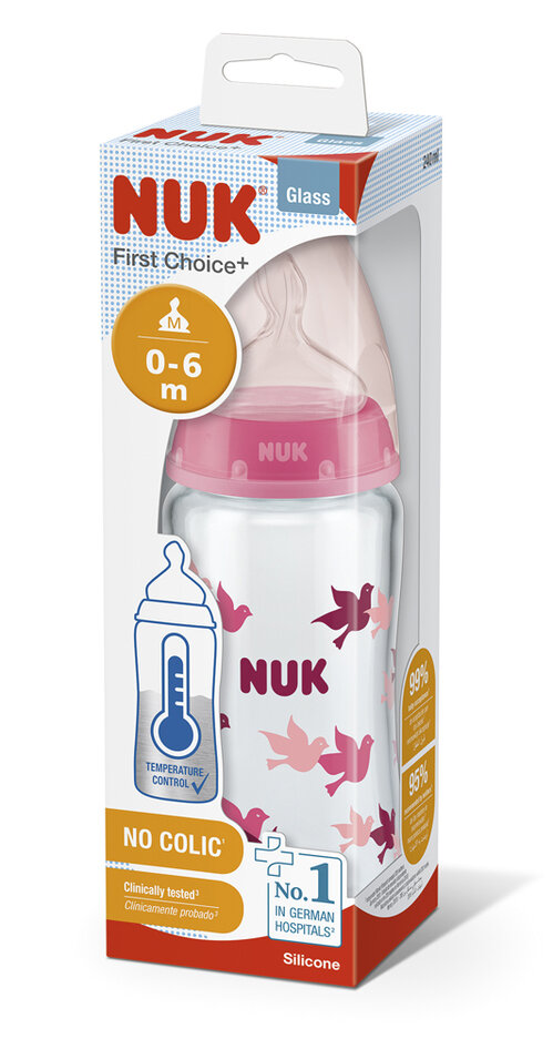 NUK FC Fľaša sklenená s kontrolou teploty 240 ml - růžová