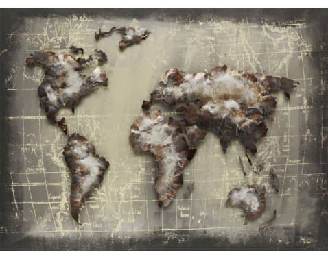 Kovový obraz na stenu Mapa sveta 80x60 cm  šedý vintage 