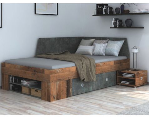 Úložná posteľ so zástenou Junior 120x200 cm  vintage optika dreva tmavý betón 