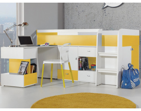 Zvýšená úložná posteľ s výsuvným stolíkom Mobi 90x200 cm  biela žltá 