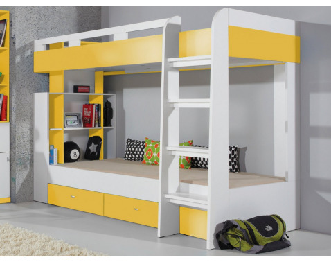 Dvojposchodová posteľ so zásuvkami Mobi 90x200 cm  biela žltá 