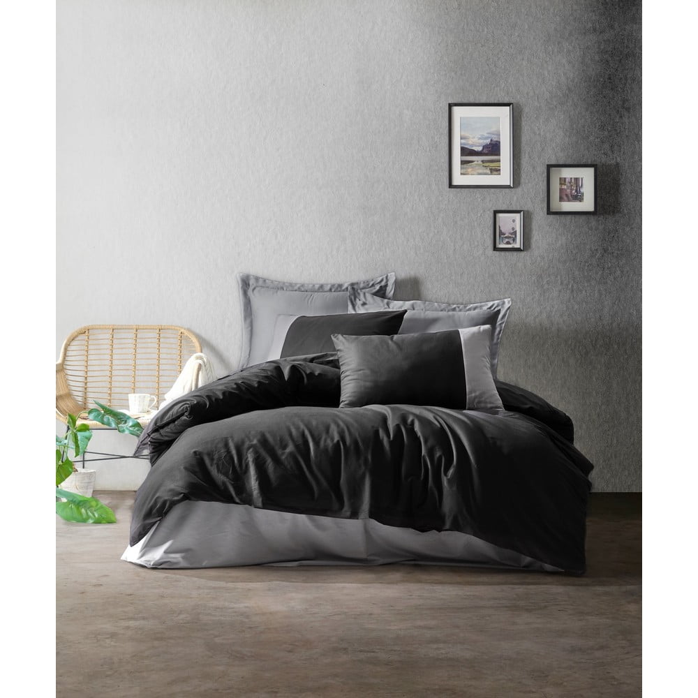 Čierno-sivé bavlnené obliečky s plachtou Cotton Box Plain 200 x 220 cm