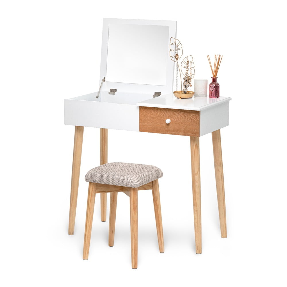 Biely toaletný stolík so zrkadlom šperkovnicou a stoličkou Bonami Essentials Beauty