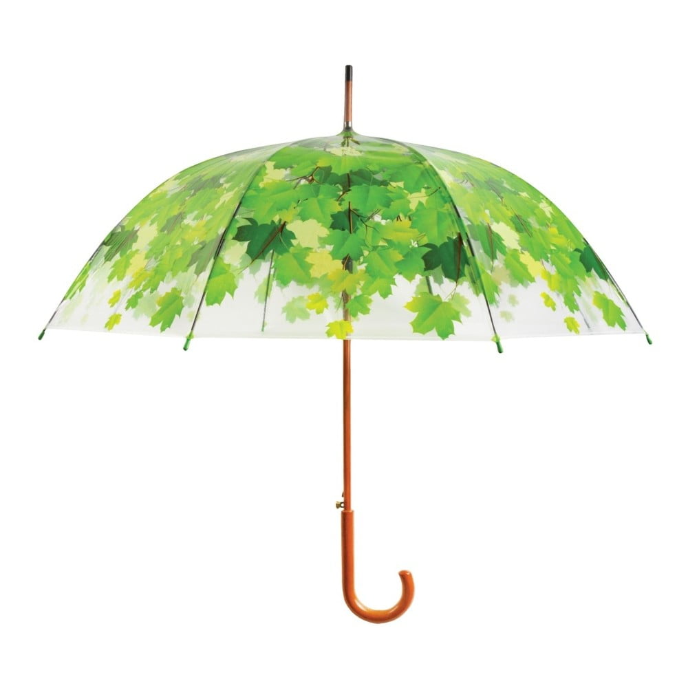 Transparentný dáždnik s rúčkou so zelenými detailmi Esschert Design Ambiance Birdcage Leaf ⌀ 925 cm