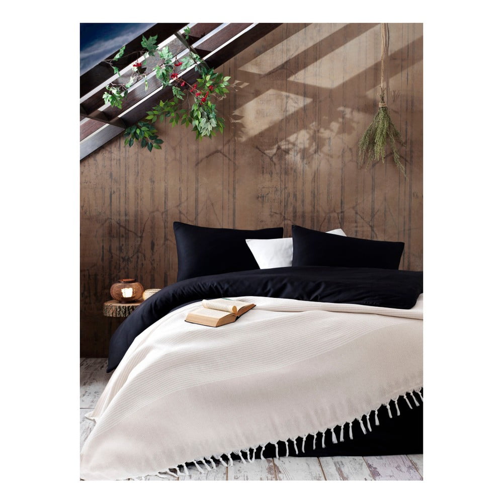 Svetlobéžový bavlnený pléd na posteľ Galina Beige White 220 × 240 cm