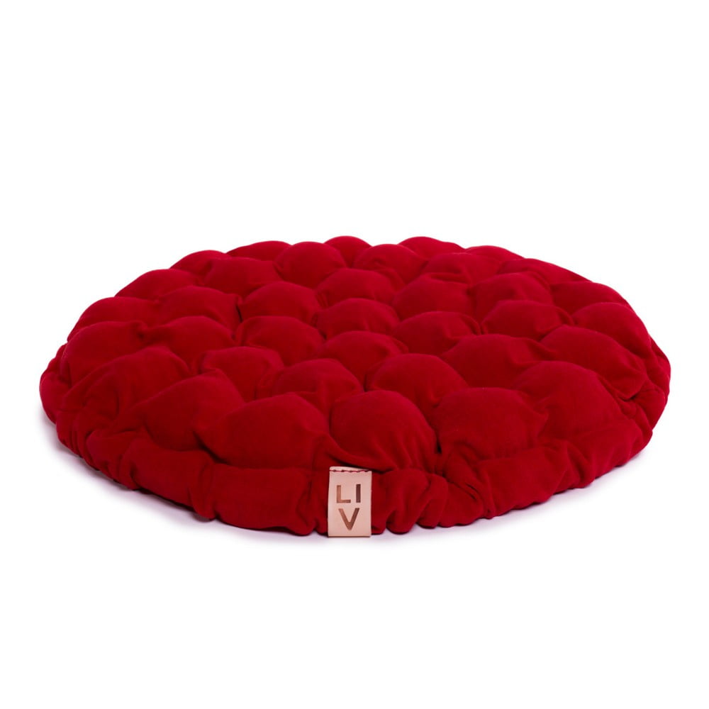 Tmavočervený sedací vankúšik s masážnymi loptičkami Linda Vrňáková Bloom Ø 65 cm
