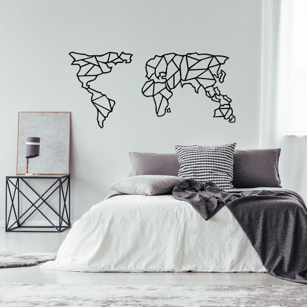 Čierna kovová nástenná dekorácia Geometric World Map 120 × 58 cm