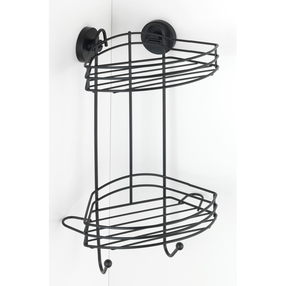 Čierna rohová dvojposchodová polička do kúpeľne Wenko Vacuum-Loc® Pavia výška 43 cm