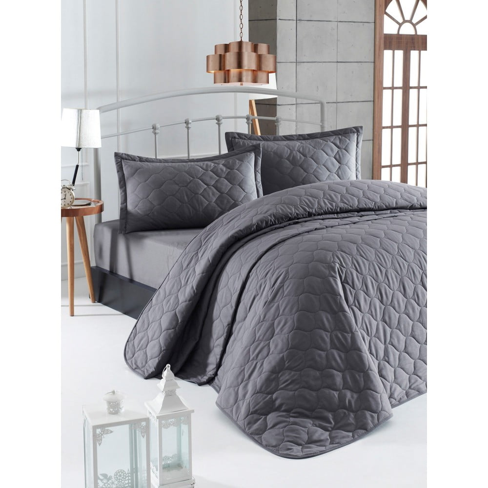 Tmavosivá prikrývka cez posteľ s 2 obliečkami na vankúš z ranforce bavlny EnLora Home Fresh 225 x 240 cm