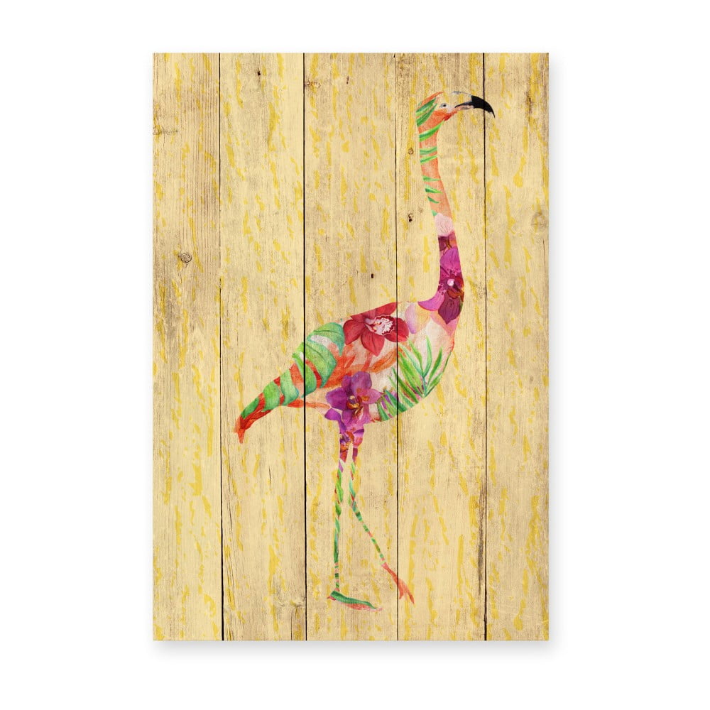 Nástenná dekorácia z borovicového dreva Madre Selva Flowers Flamingo 60 × 40 cm