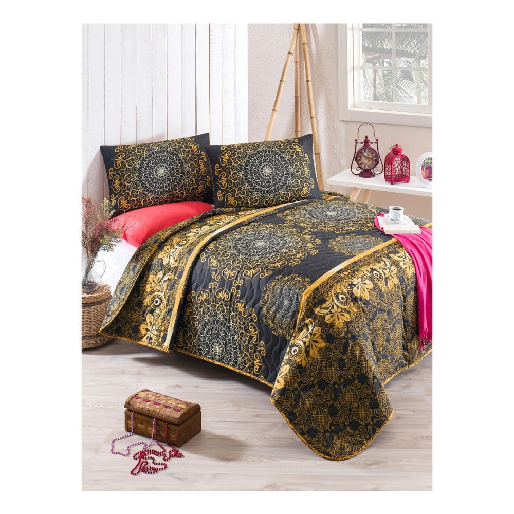 Set plédu cez posteľ a obliečky na vankúš s prímesou bavlny Sehri Ala Gold 160 x 220 cm