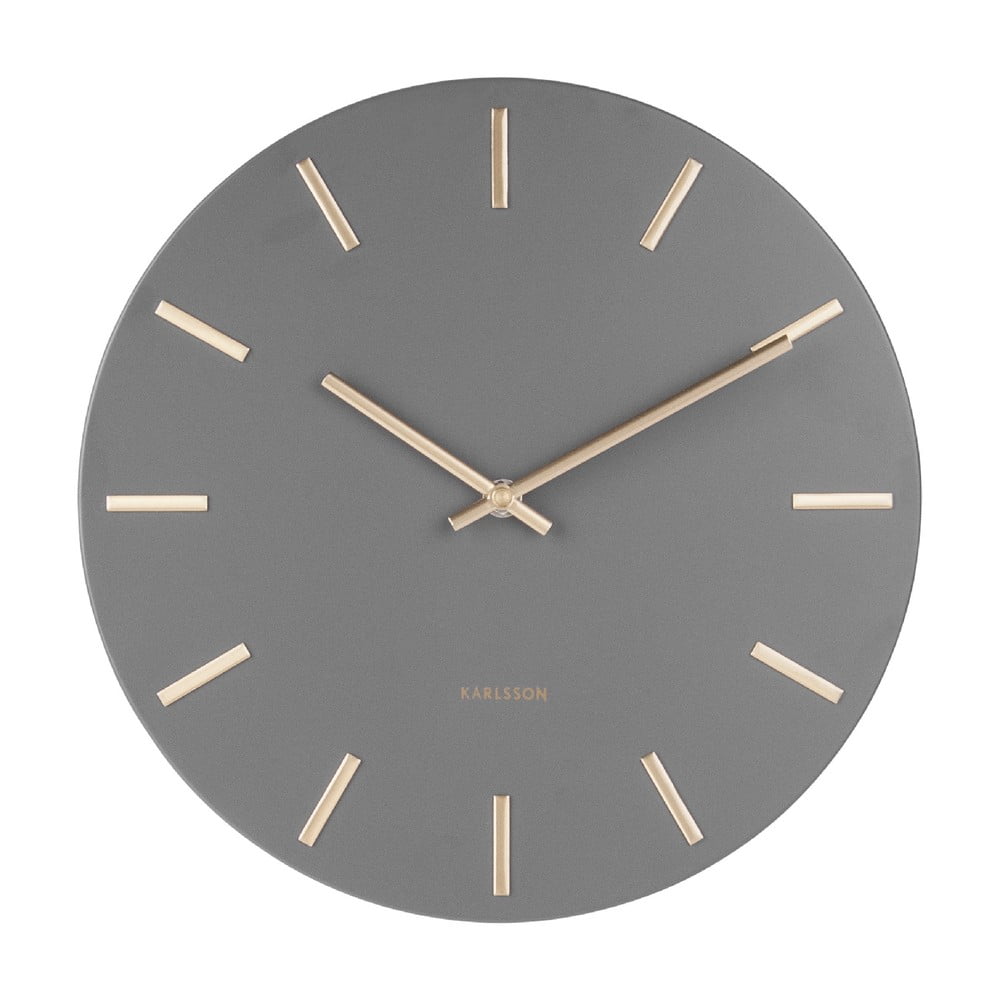 Sivé nástenné hodiny s ručičkami v zlatej farbe Karlsson Charm ø 30 cm