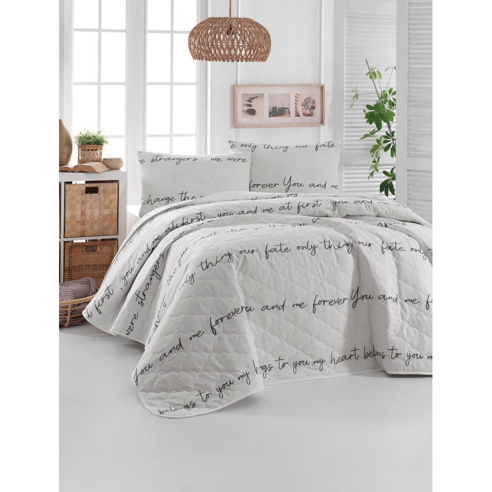Biela prikrývka cez posteľ s 2 obliečkami na vankúš z ranforce bavlny EnLora Home Print 225 x 240 cm
