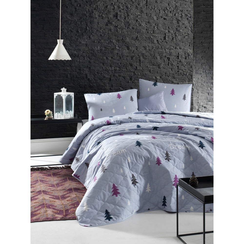 Modrá prikrývka cez posteľ s 2 obliečkami na vankúš z ranforce bavlny EnLora Home Takeme 225 x 240 cm