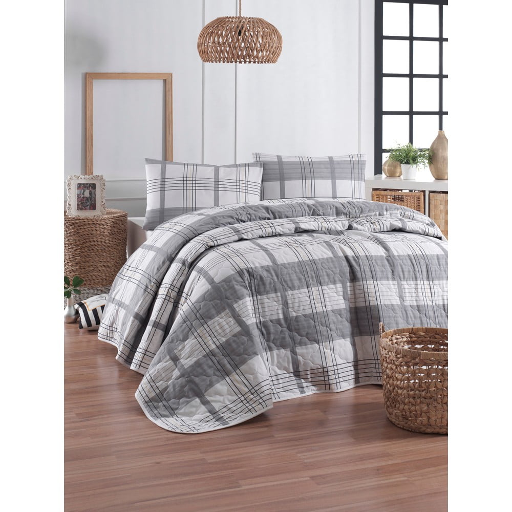 Sivá prikrývka cez posteľ s 2 obliečkami na vankúš z ranforce bavlny EnLora Home MyHome 225 x 240 cm
