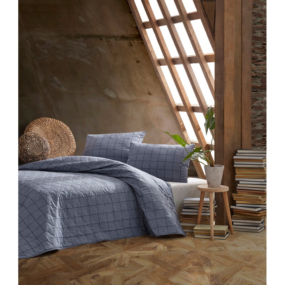 Modrá prikrývka cez posteľ s obliečkou na vankúš z ranforce bavlny EnLora Home Persegi 180 x 225 cm