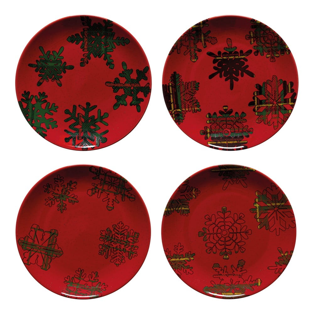 Súprava 4 červeno-čiernych dezertných tanierov z kameniny Casafina Snowflake ø 216 cm