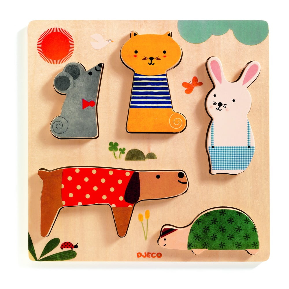 Detské vkladacie drevené puzzle s motívmi domácich maznáčikov Djeco