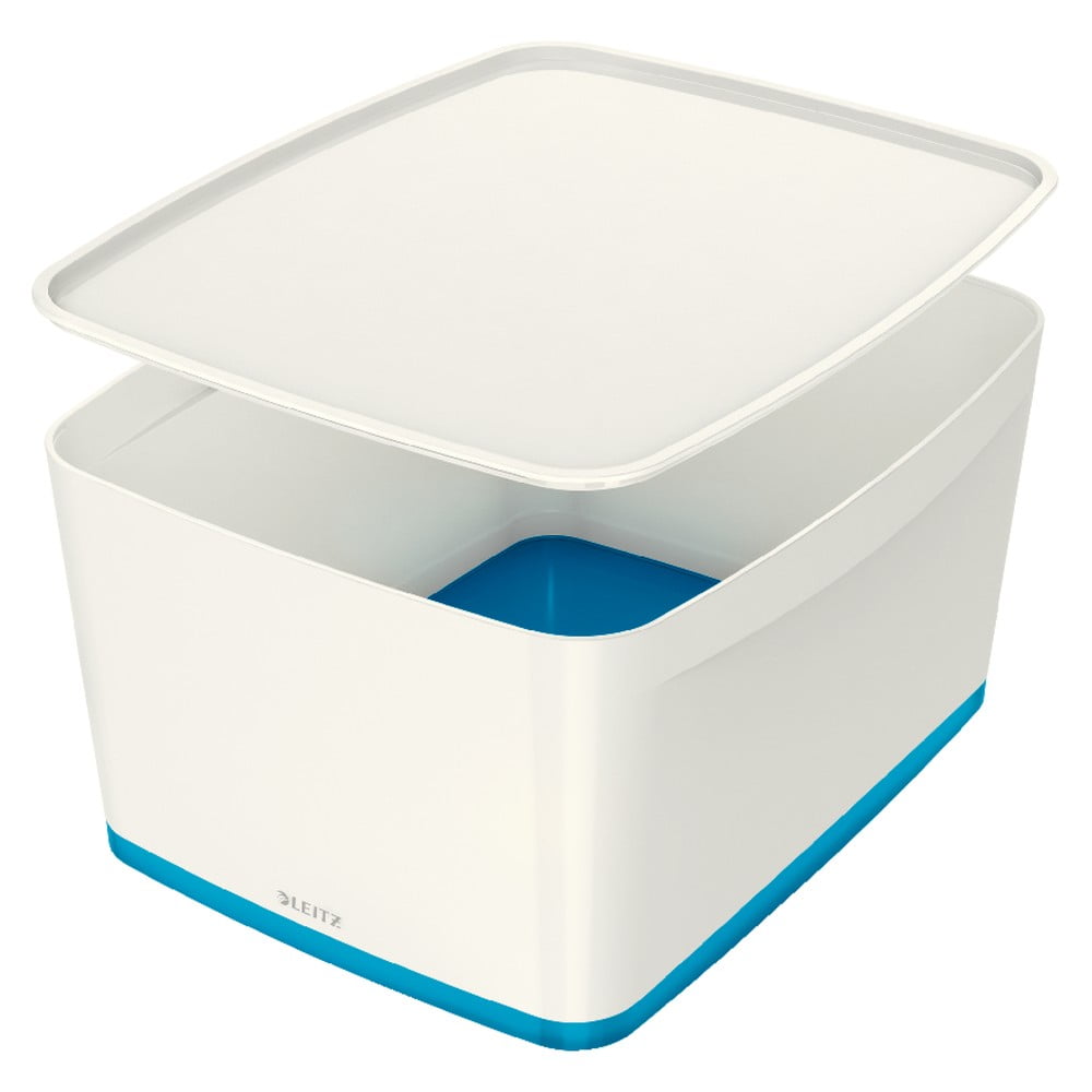 Bielo-modrá úložná škatuľa s vekom Leitz Office objem 18 l