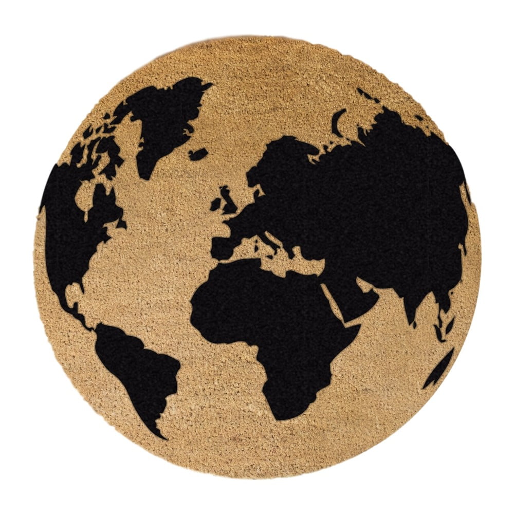 Čierna okrúhla rohožka z prírodného kokosového vlákna Artsy Doormats Globe ⌀ 70 cm