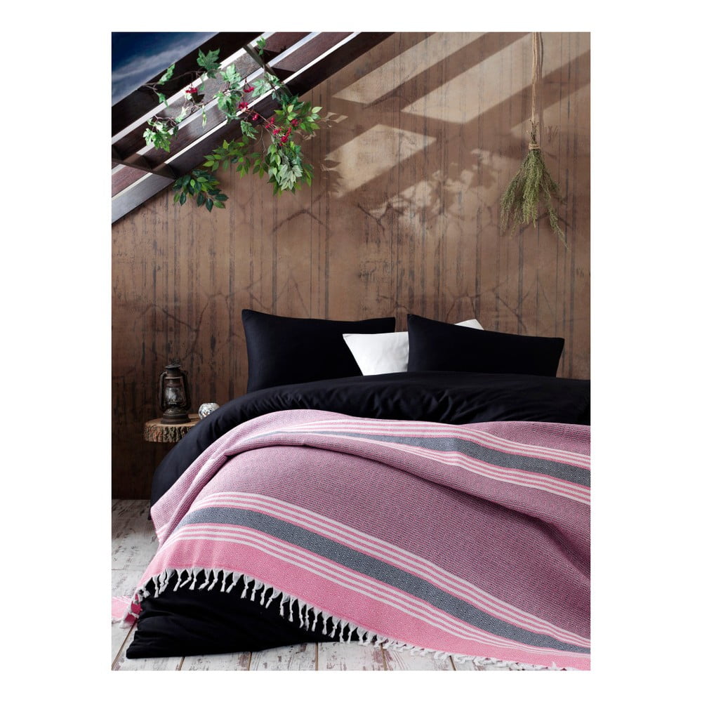 Ružová bavlnená prikrývka na posteľ EnLora Home Anna Yatak Örtüsü 220 × 240 cm