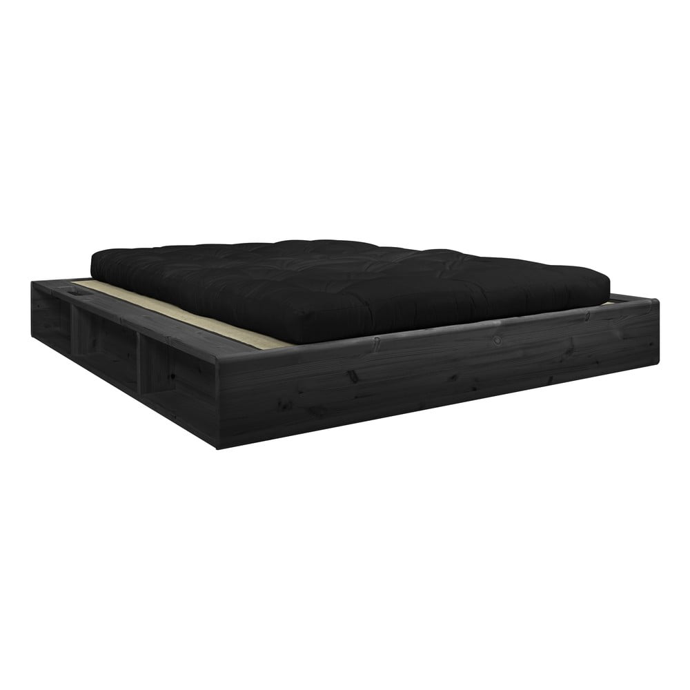 Čierna dvojlôžková posteľ z masívneho dreva s čiernym futonom Double Latex a tatami Karup Design Ziggy 140 x 200 cm