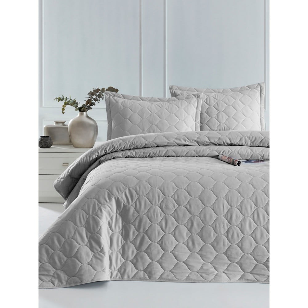 Svetlosivá prikrývka cez posteľ s 2 obliečkami na vankúš z ranforce bavlny EnLora Home Fresh 225 x 240 cm