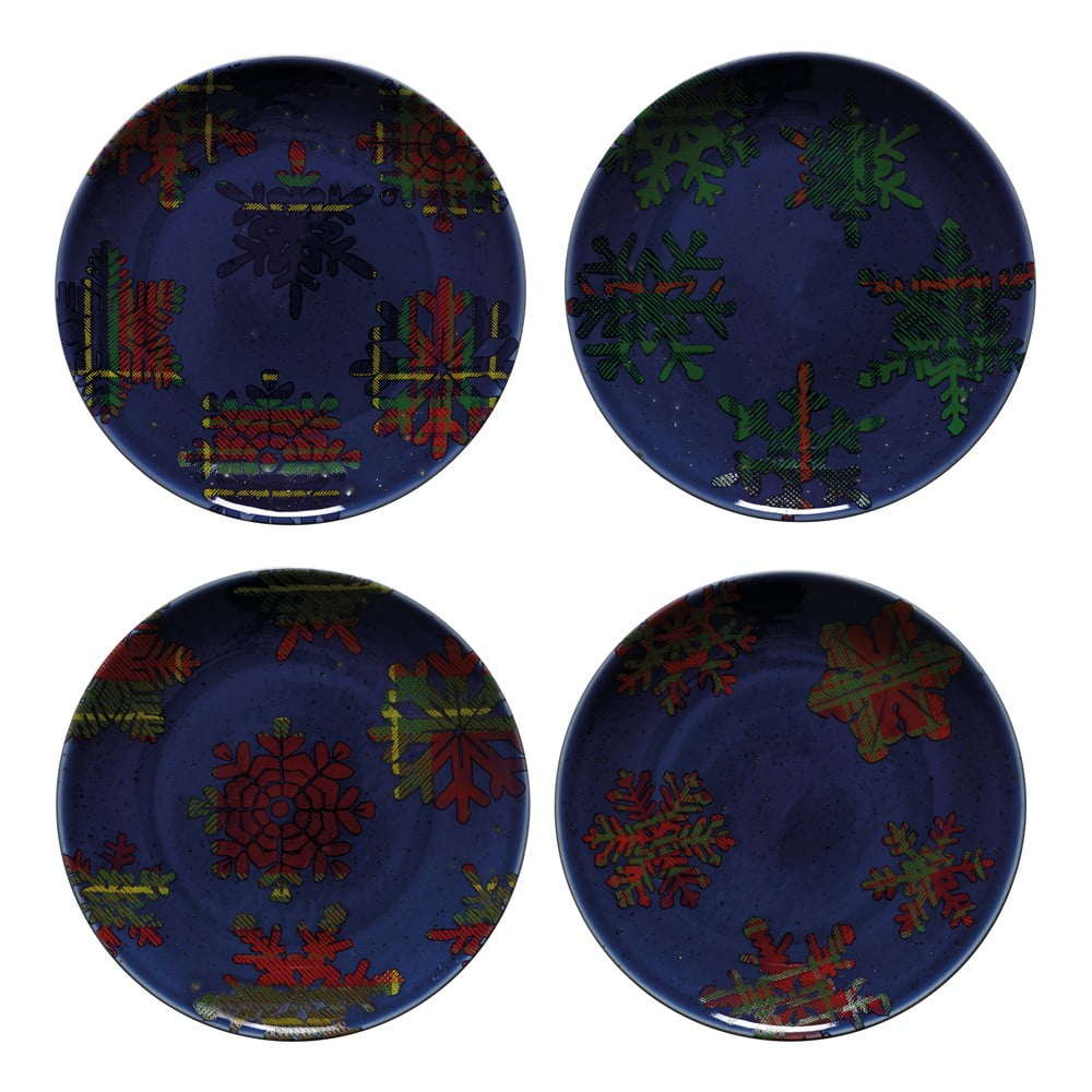 Súprava 4 modro-červených dezertných tanierov z kameniny Casafina Snowflake ø 216 cm
