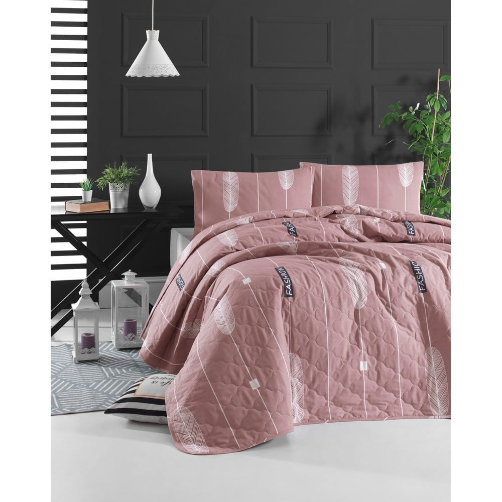 Ružová prikrývka cez posteľ s obliečkou na vankúš z ranforce bavlny EnLora Home Modena 180 x 225 cm