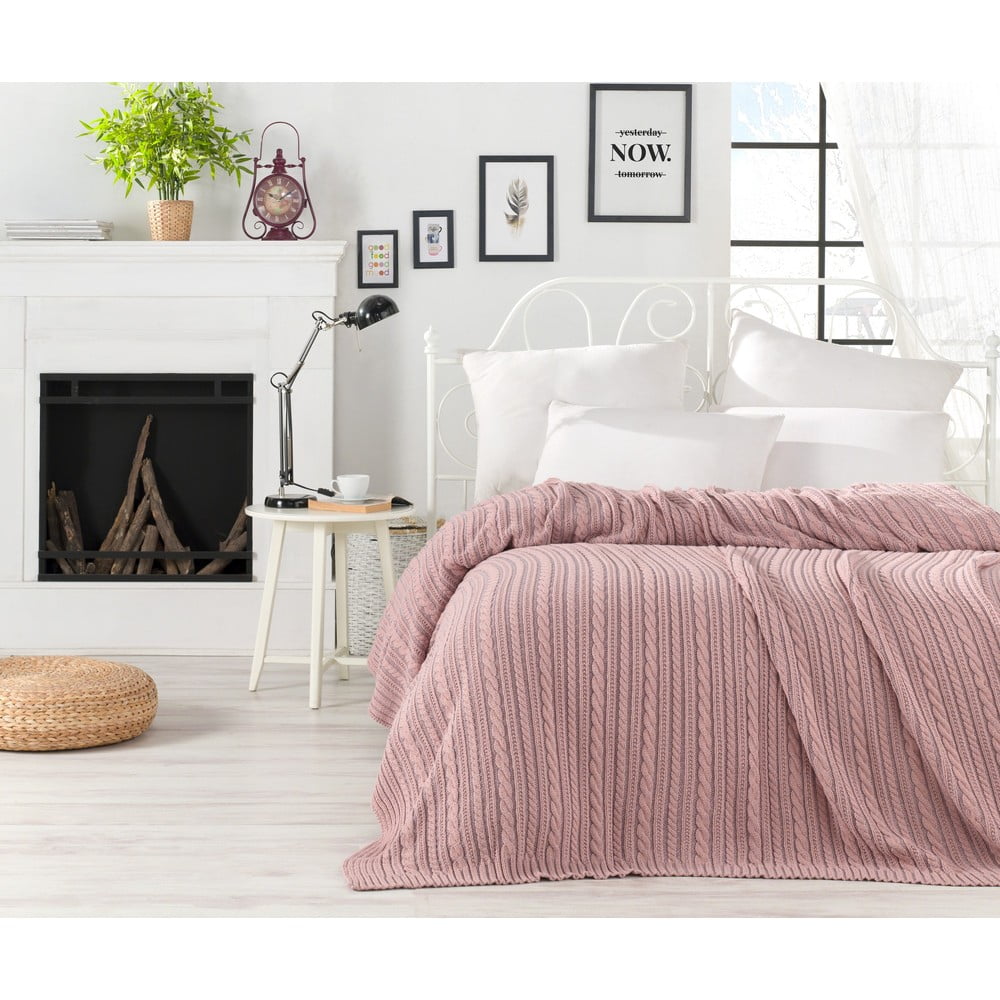Púdrovoružový pléd cez posteľ s prímesou bavlny Homemania Decor Camila 220 x 240 cm