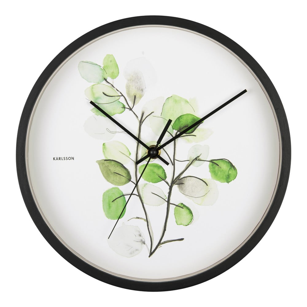 Zeleno-biele nástenné hodiny v čiernom ráme Karlsson Eucalyptus ø 26 cm