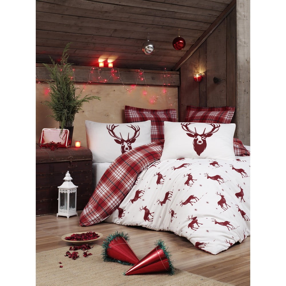 Obliečky s plachtou s prímesou bavlny na dvojlôžko Eponj Home Geyik Claret Red 200 × 220 cm