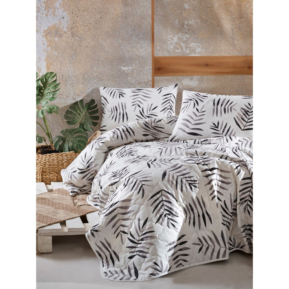 Bielo-čierna prikrývka cez posteľ s 2 obliečkami na vankúš z ranforce bavlny EnLora Home Folla 225 x 240 cm