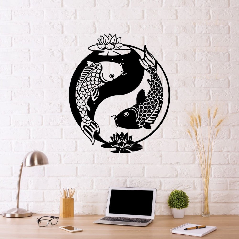 Čierna kovová nástenná dekorácia Fish Yin Yang 41 x 49 cm