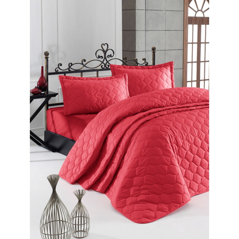 Červená prikrývka cez posteľ s 2 obliečkami na vankúš z ranforce bavlny EnLora Home Fresh 225 x 240 cm