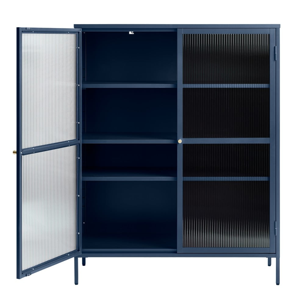 Modrá kovová vitrína Unique Furniture Bronco výška 140 cm