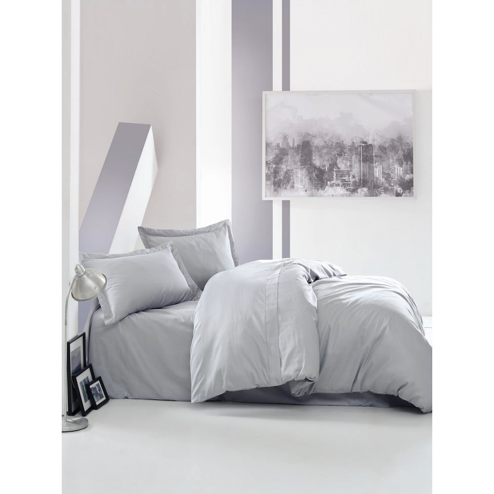 Sivé obliečky z bavlneného saténu s plachtou na dvojlôžko Elegant 200 × 220 cm