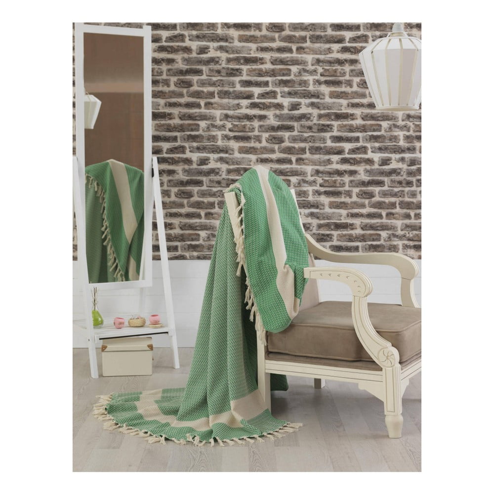 Zelený bavlnený pléd cez posteľ Hasir Light Green 200 x 240 cm