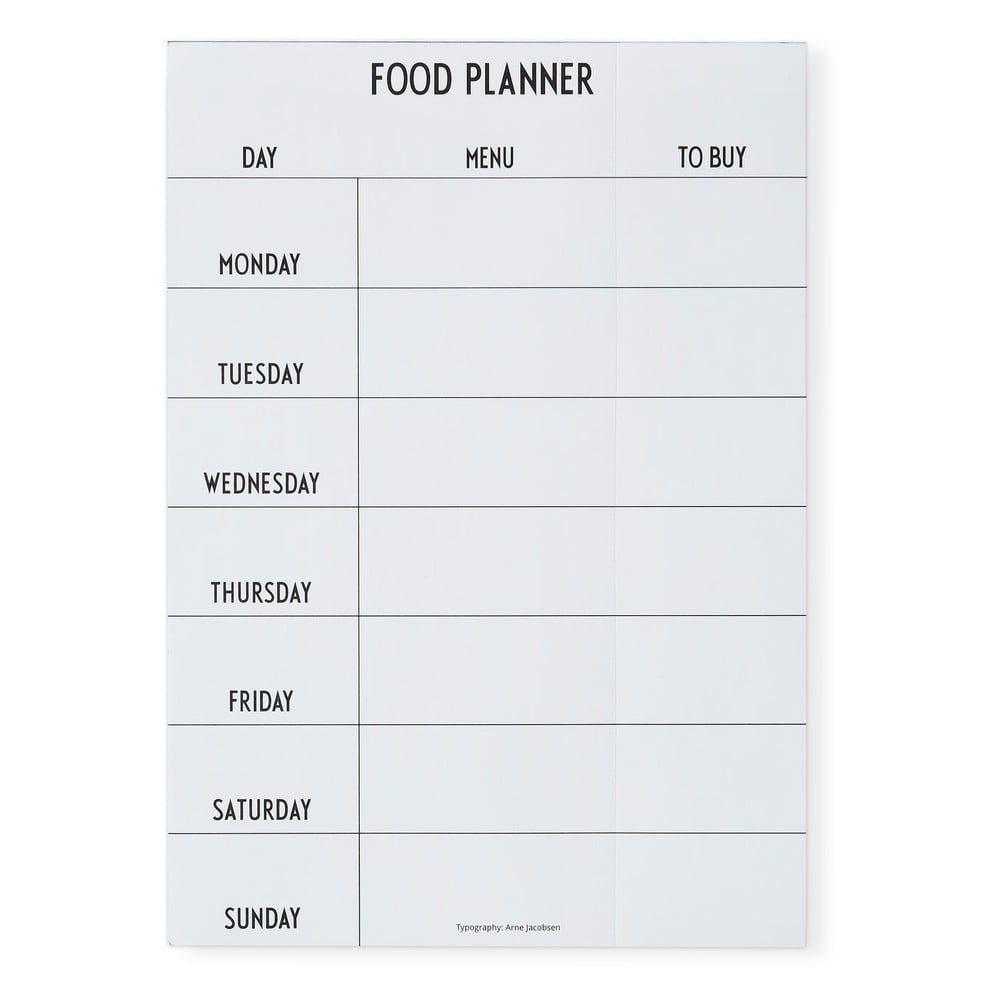 Biely týždenný jedálny plánovač Design Letters Food