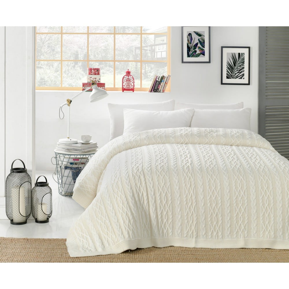 Svetlokrémový pléd cez posteľ s prímesou bavlny Homemania Decor Knit 220 x 240 cm