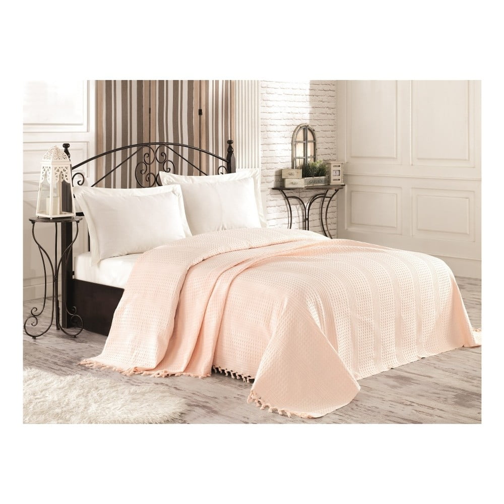 Krémová bavlnená prikrývka cez posteľ na dvojlôžko Tarra 220 × 240 cm