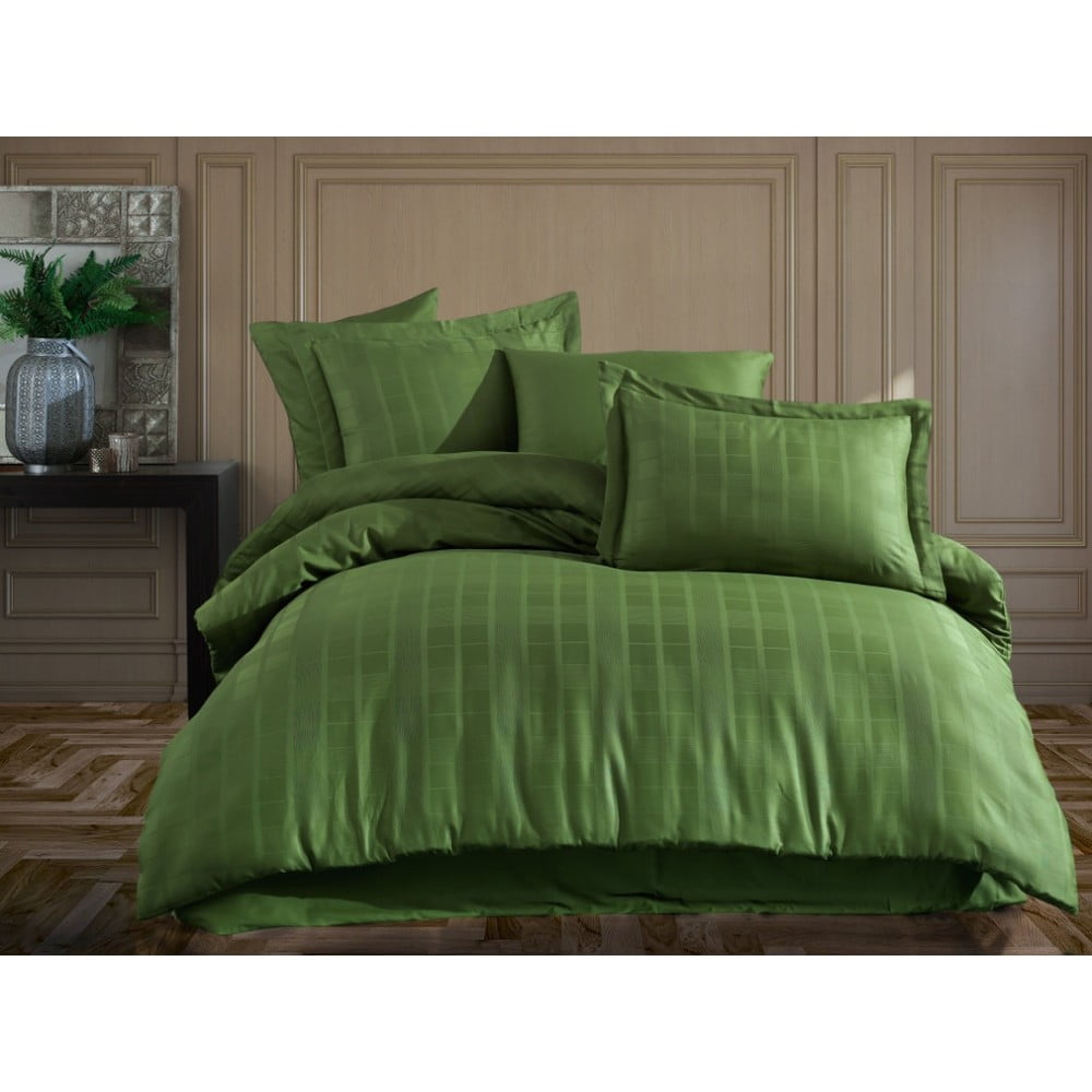 Zelené obliečky na dvojlôžko s plachtou z bavlneného saténu Hobby Ekose 200 x 220 cm