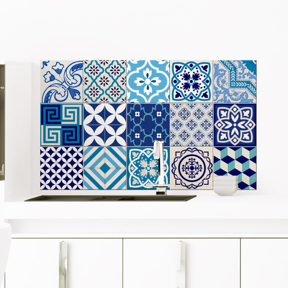 Sada 15 dekoratívnych samolepiek na stenu Ambiance Azur 10 × 10 cm