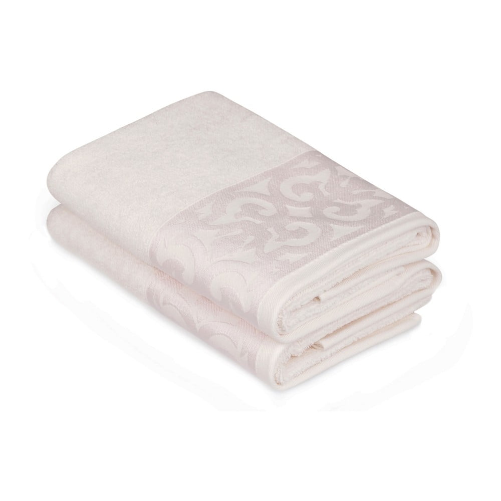 Sada 2 bielych bavlnených uterákov na ruky s krémovým lemovaním Grace 50 × 90 cm