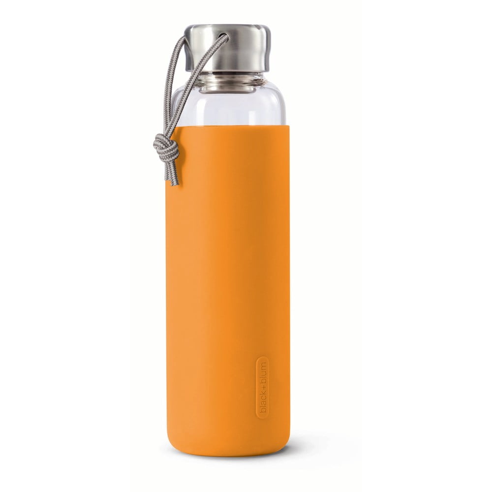 Sklenená fľaša na vodu s oranžovým silikónovým obalom Black  Blum G-Bottle 600 ml
