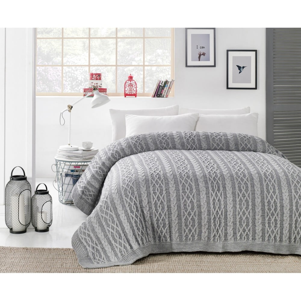 Sivá prikrývka cez posteľ Knit 220 x 240 cm