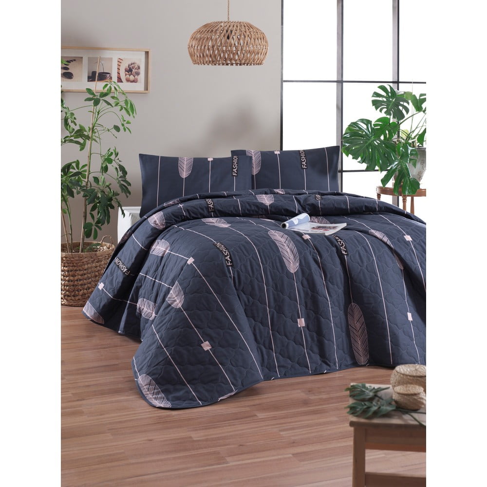 Modrá prikrývka cez posteľ s 2 obliečkami na vankúš z ranforce bavlny EnLora Home Modena 225 x 240 cm
