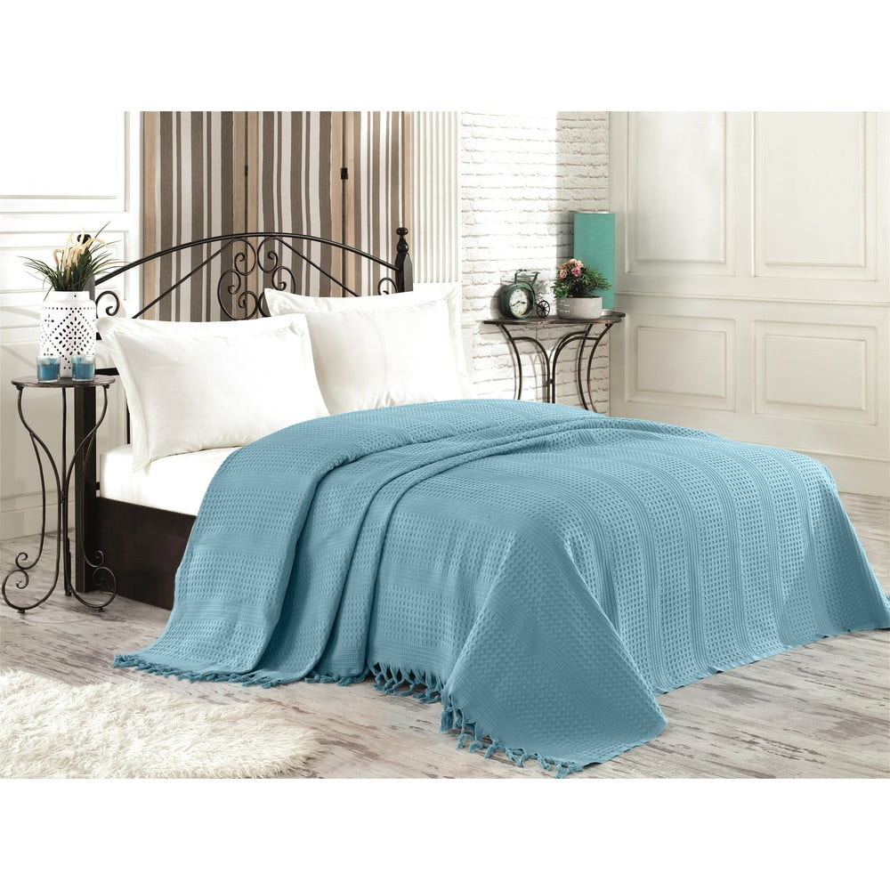 Modrý bavlnený pléd cez posteľ na dvojlôžko Şaheser 220 × 240 cm